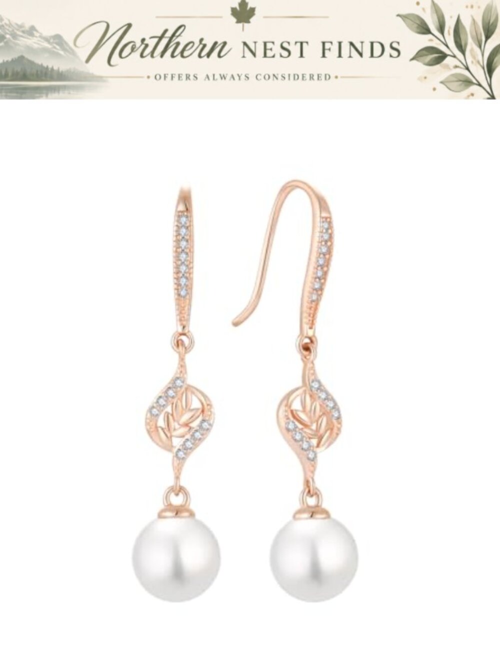 Pearl Dangle Drop Earrings 925 Sterling Silver Rose Gold Plated Cubic Zirconia